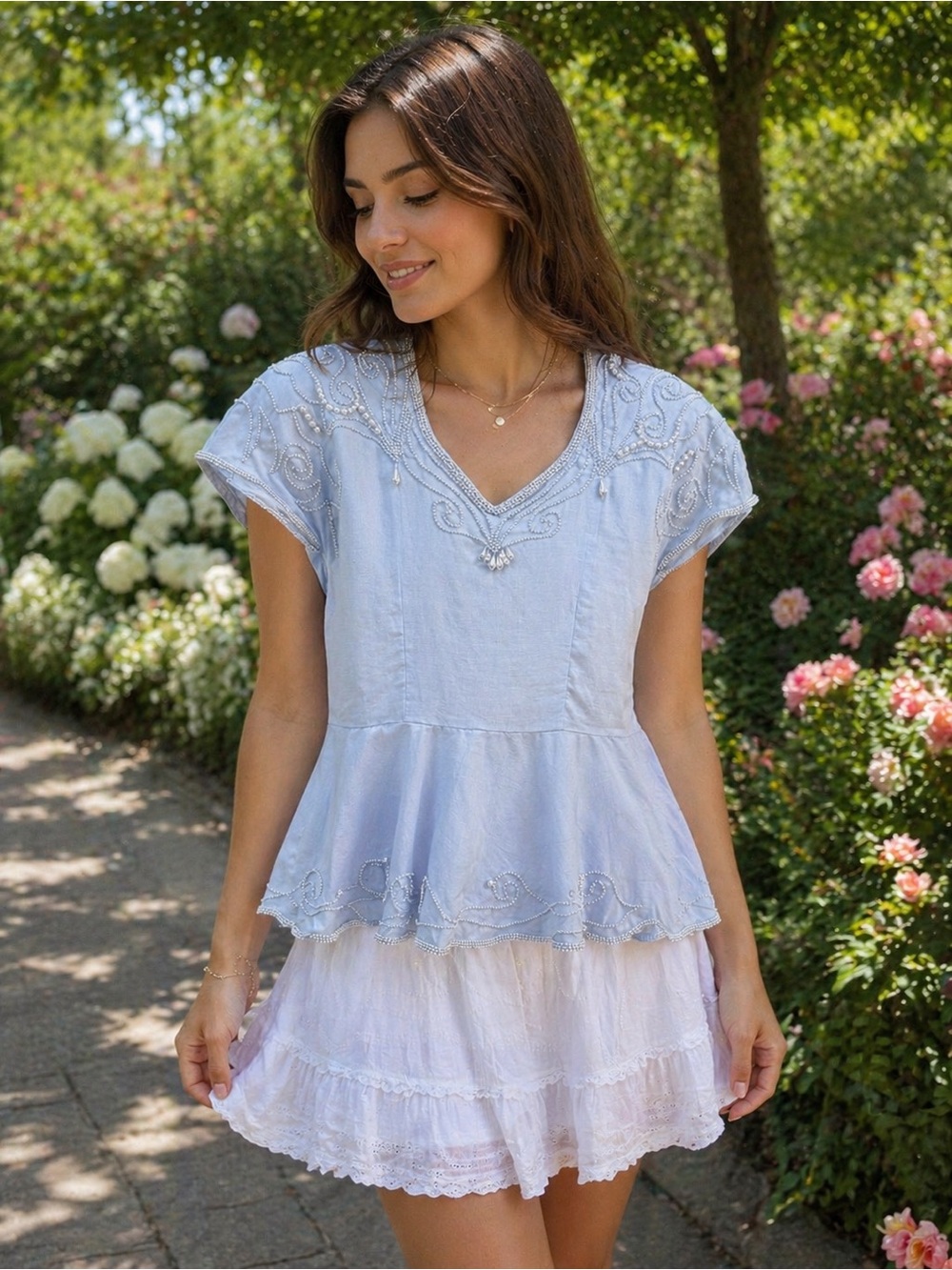 Vintage Light Blue Pearl Embroidered V-Neck Peplum Top